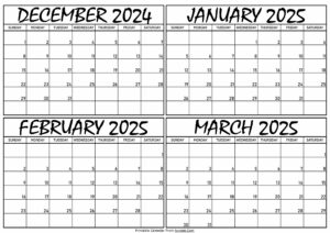 Calendar December 2024 to March 2025