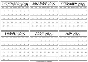 Calendar December 2024 to May 2025