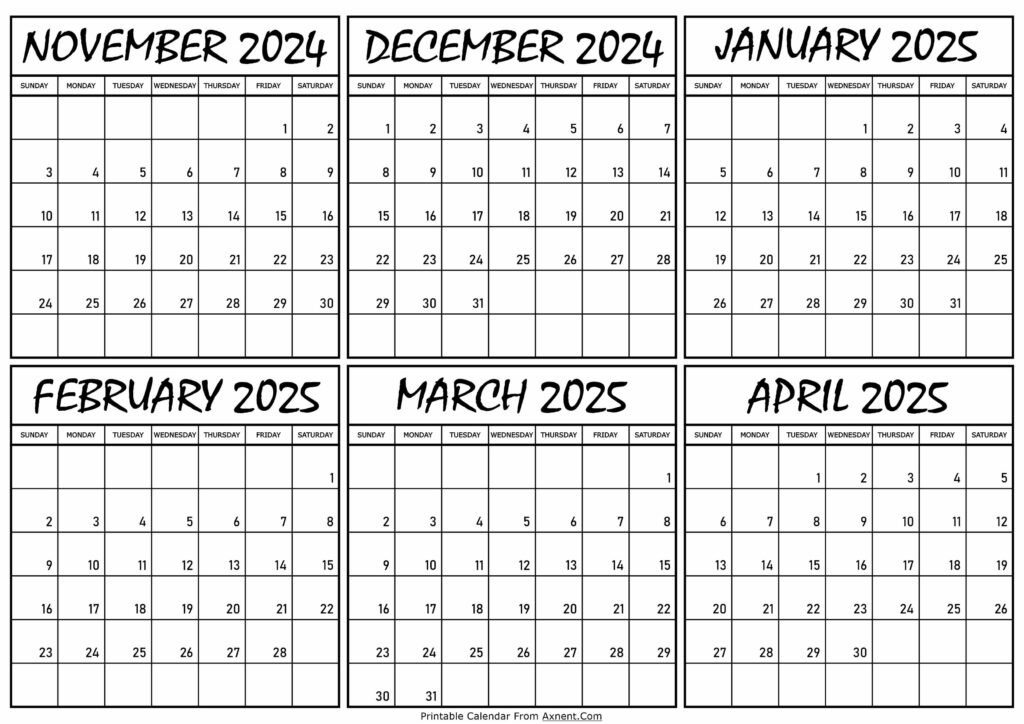 Calendar November 2024 to April 2025