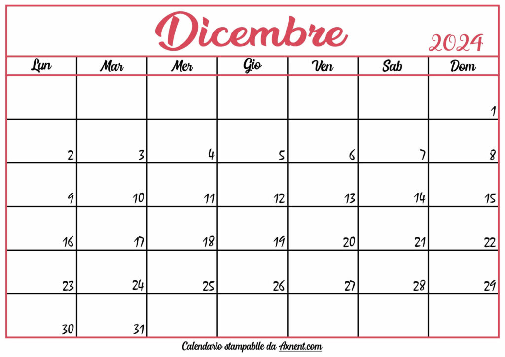 Calendario Dicembre 2024 Stampabile