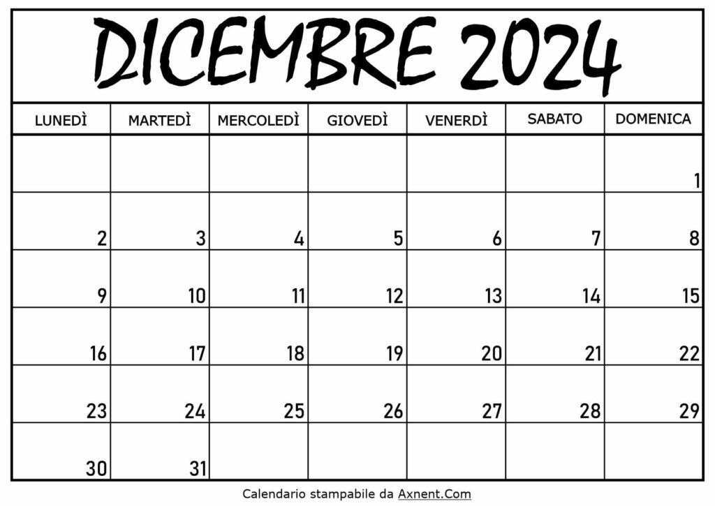 Calendario Dicembre 2024 da Stampare