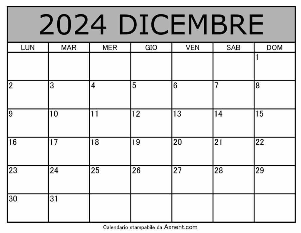 Calendario Mensile di Dicembre 2024