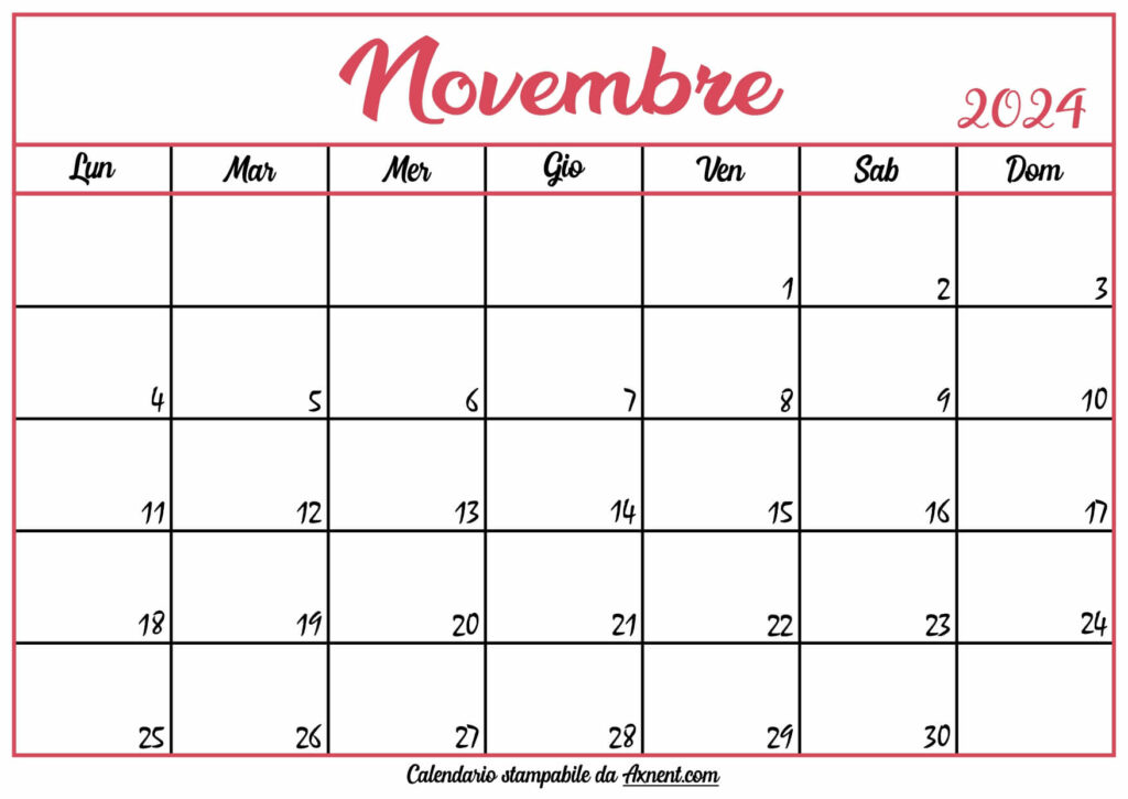 Calendario Novembre 2024 Stampabile