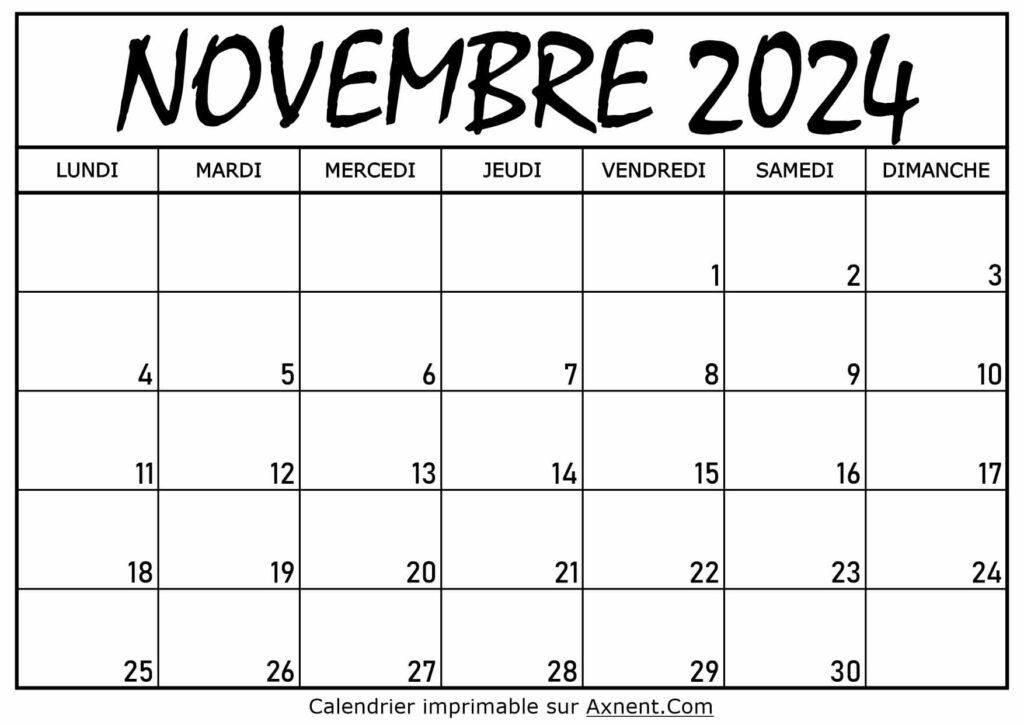 Calendrier Novembre 2024 À Imprimer