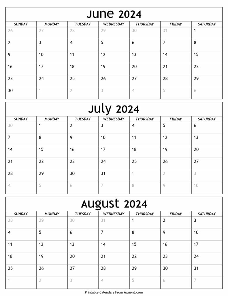 June to August 2024 Calendar
