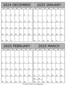 Printable December 2024 to March 2025 Calendar