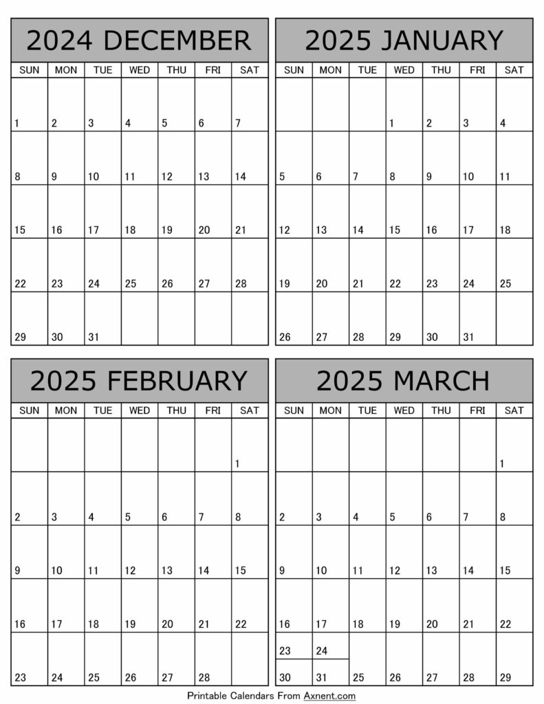 Printable December 2024 to March 2025 Calendar
