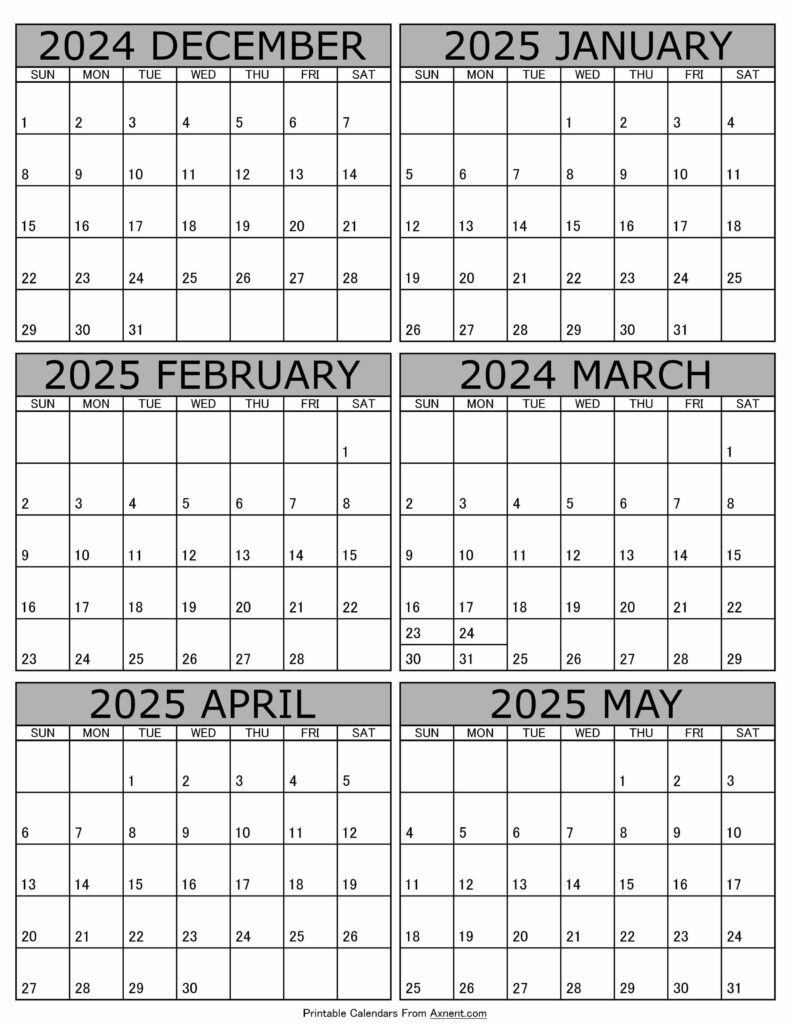 Printable December 2024 to May 2025 Calendar