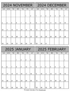 Printable November 2024 to February 2025 Calendar