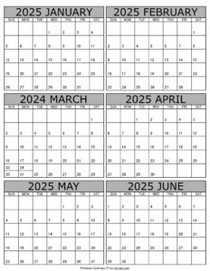 Calendar 2025 Janaury to June