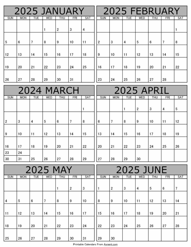 Calendar 2025 Janaury to June