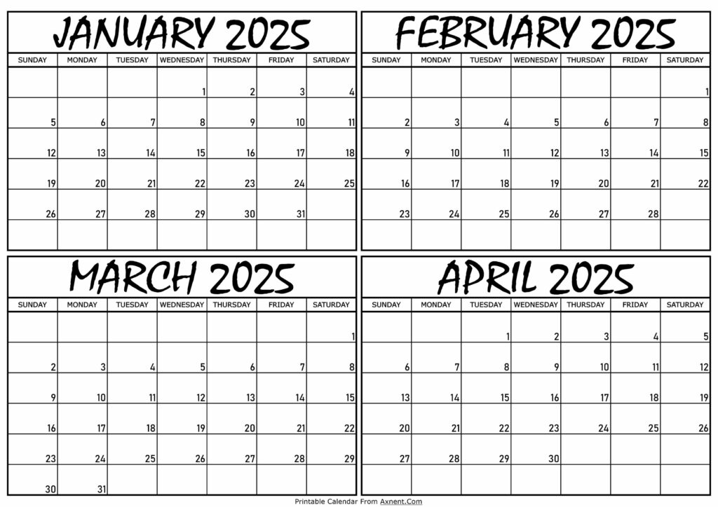 Calendar Janaury to April 2025