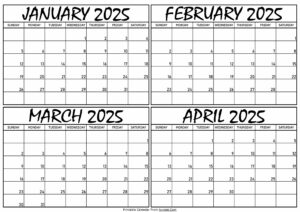 Calendar Janaury to April 2025