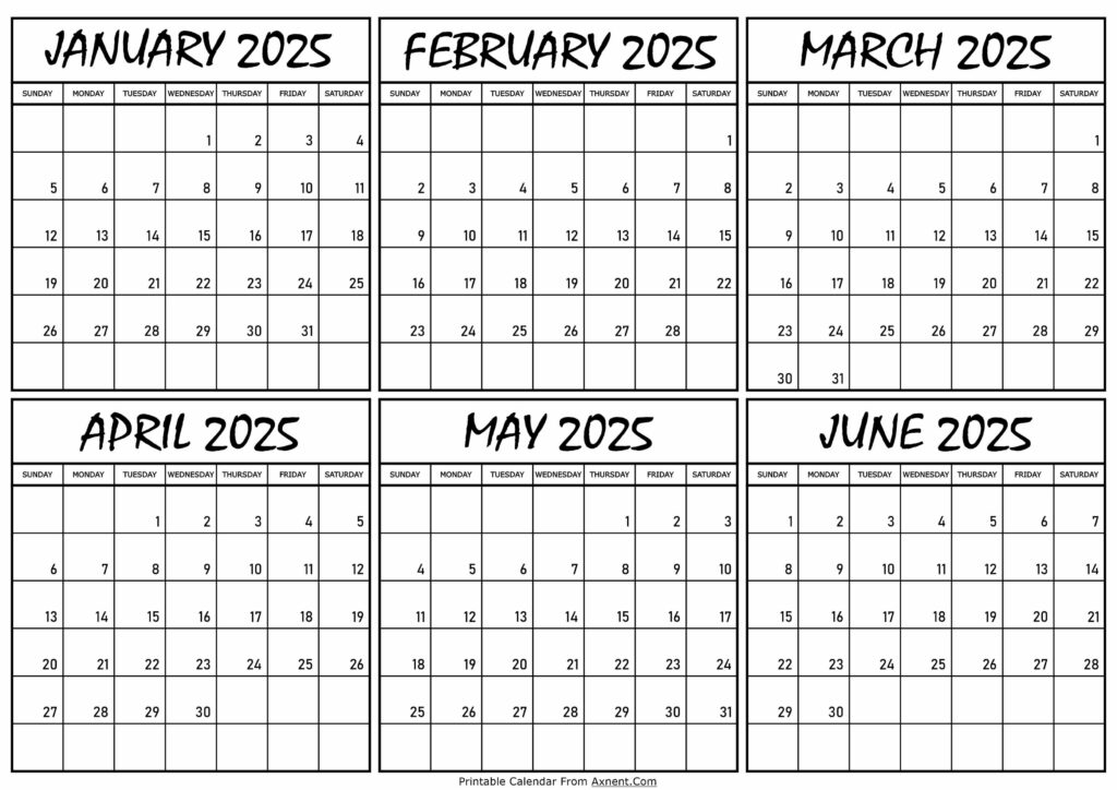 Calendar Janaury to June 2025