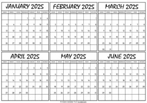 Calendar Janaury to June 2025