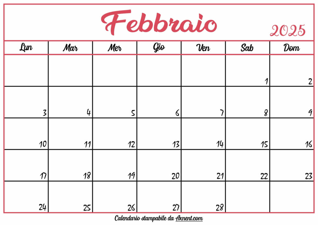 Calendario Febbraio 2025 Stampabile