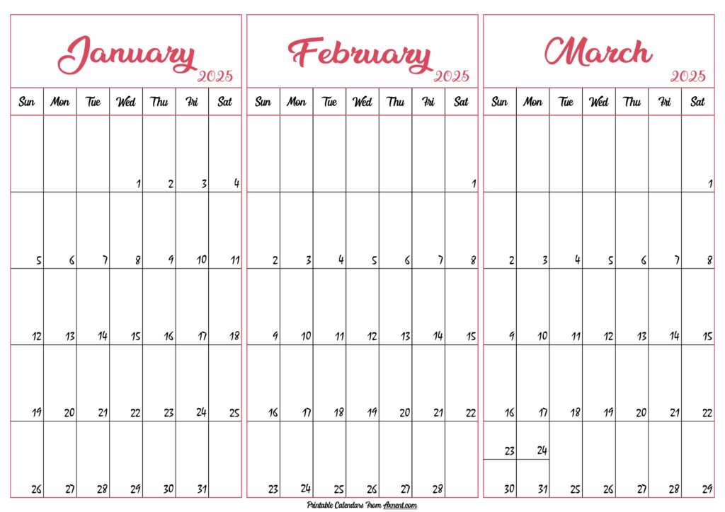 Janaury February March 2025 Calendar