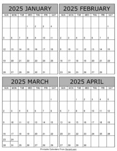 Janaury February March April 2025 Calendar