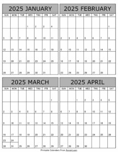 Janaury February March April 2025 Calendar