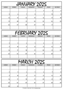 Janaury February and March Calendar 2025