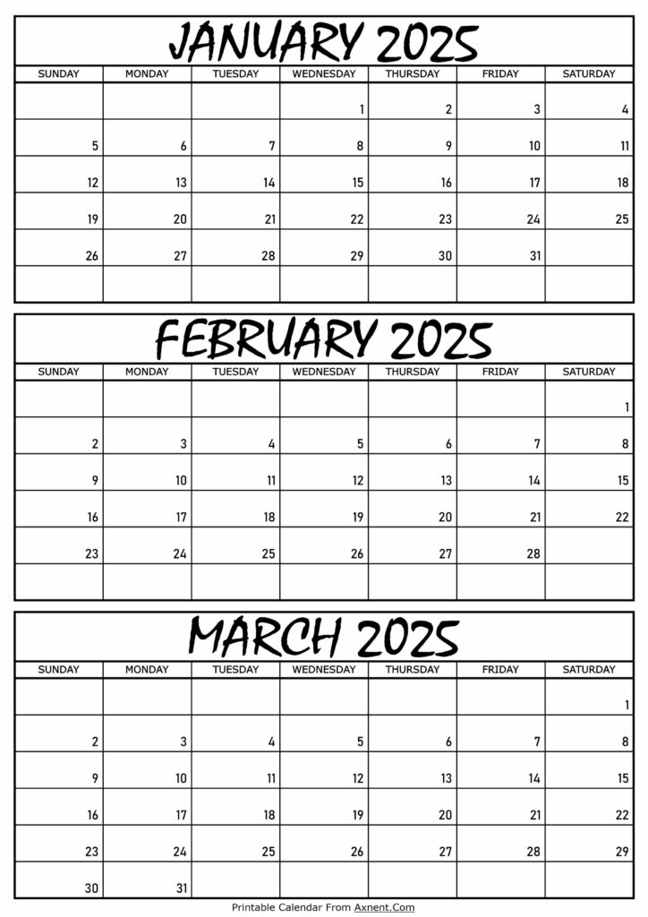 Janaury February and March Calendar 2025
