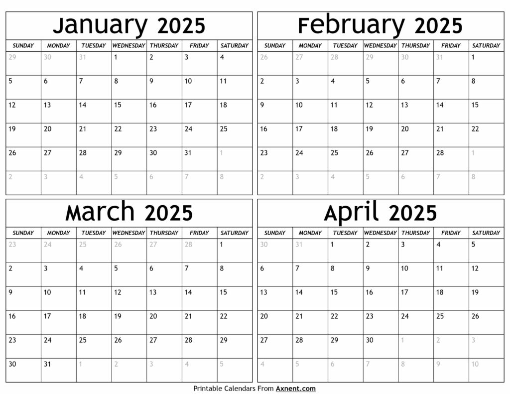 Janaury to April 2025 Calendar