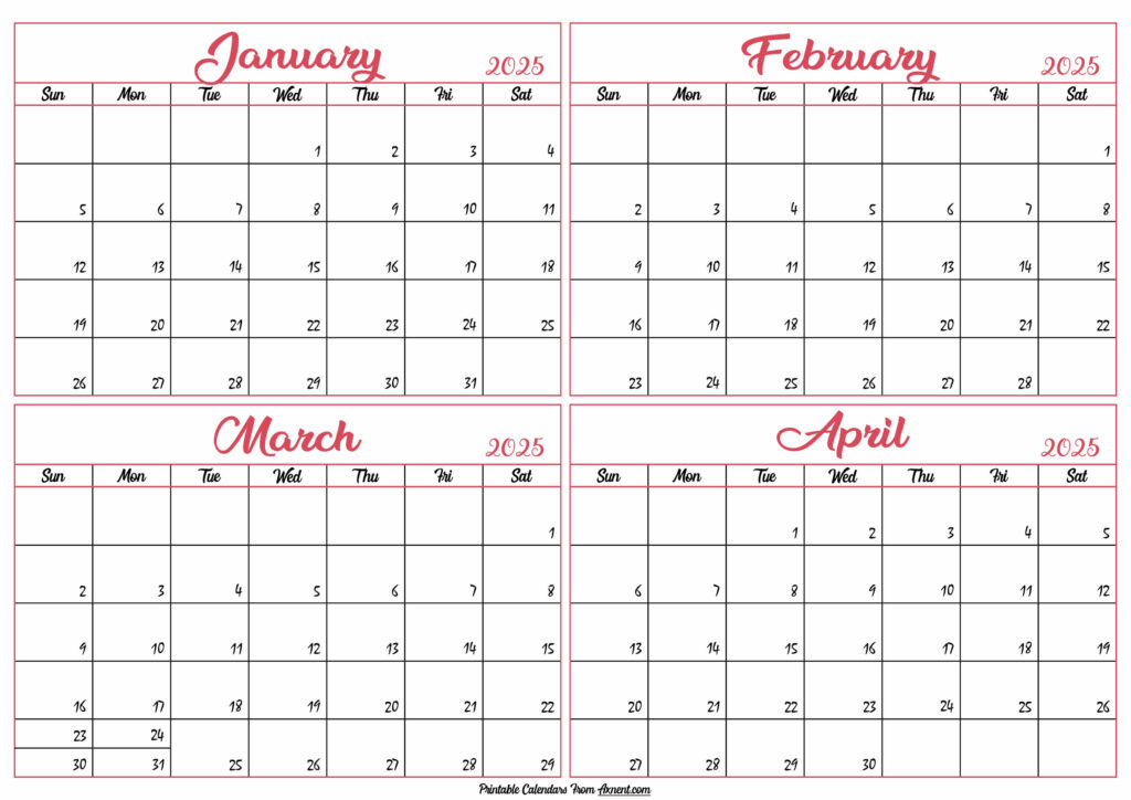 Janaury to April Calendar 2025