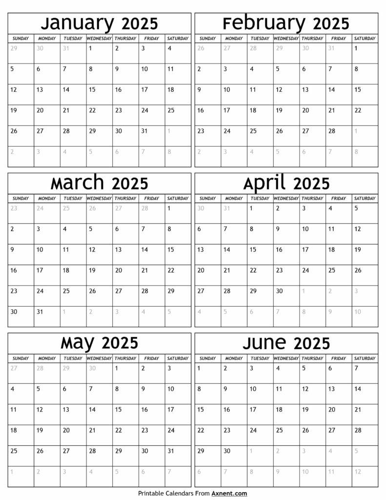 Janaury to June 2025 Calendar