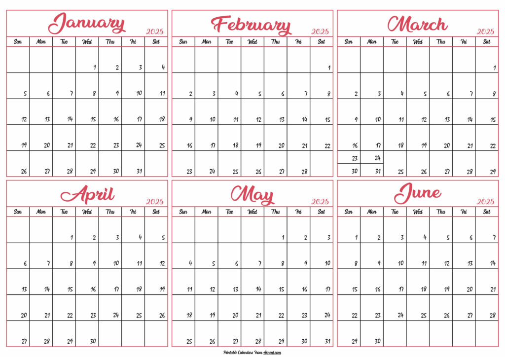 Janaury to June Calendar 2025
