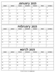 Janaury to March 2025 Calendar
