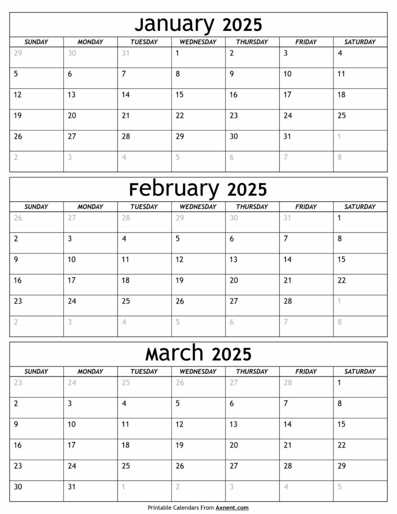 Janaury to March 2025 Calendar