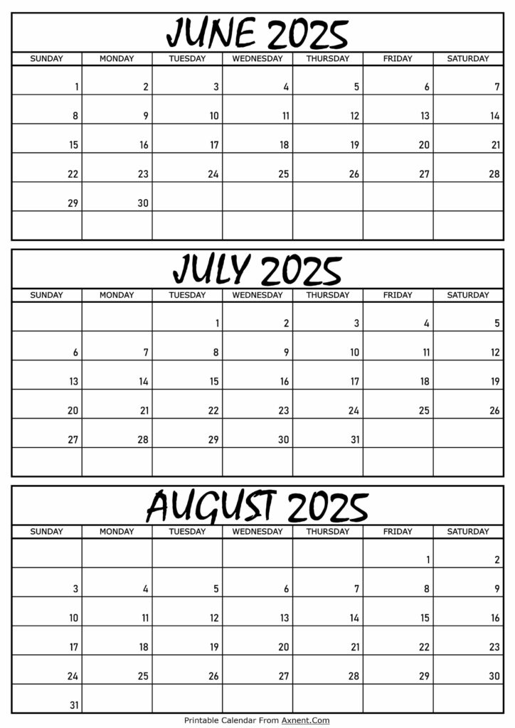 June July and August Calendar 2025