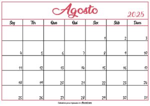Calendário Agosto 2025