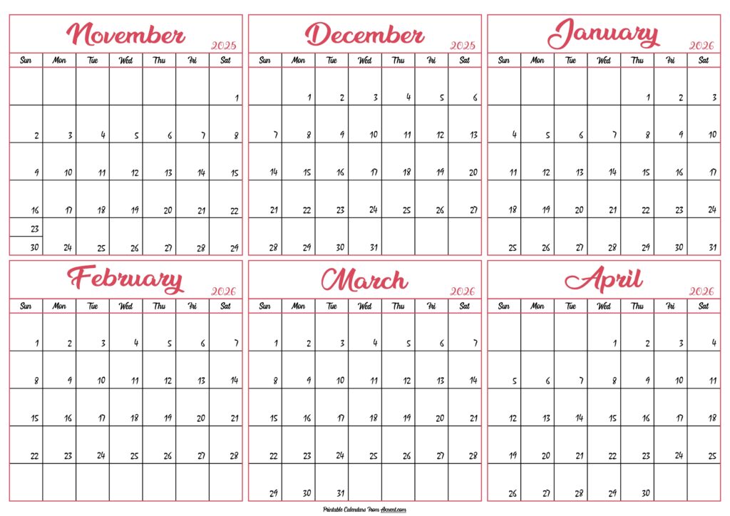 Calendar 2025 November to April 2026