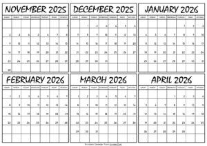 Calendar November 2025 to April 2026