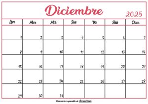 Calendario En Blanco Diciembre 2025