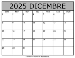 Calendario Mensile di Dicembre 2025