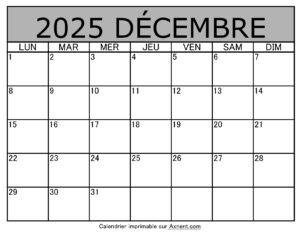 Calendrier À Imprimer Décembre 2025