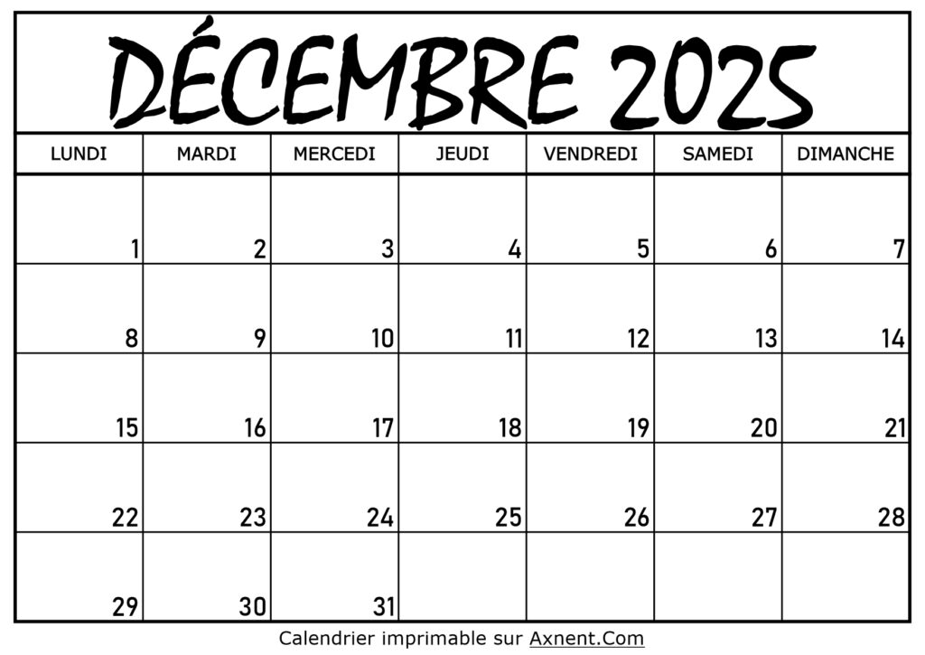 Calendrier Décembre 2025 À Imprimer