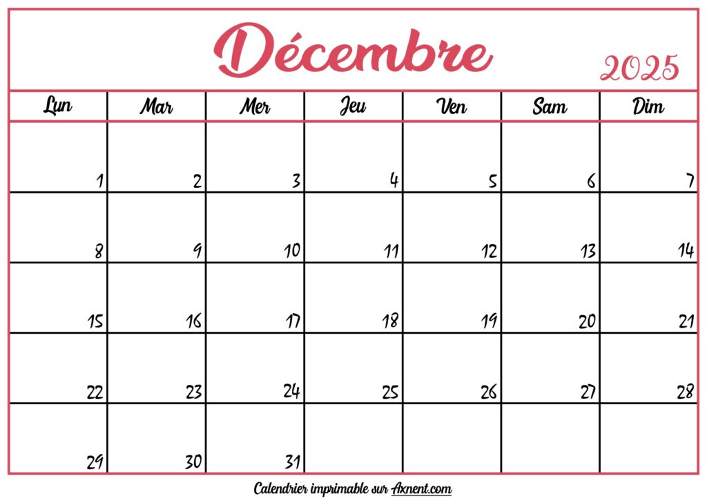 Calendrier Vierge Décembre 2025