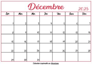 Calendrier Vierge Décembre 2025