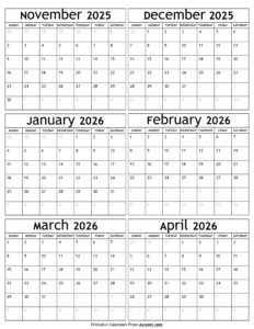 November 2025 to April 2026 Calendar