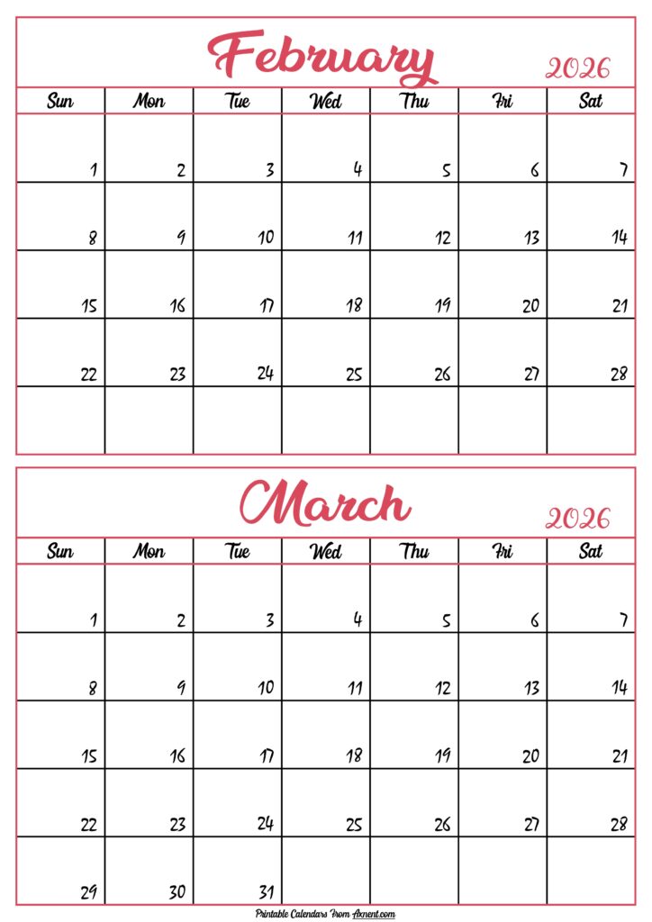 Calendar 2026 February March