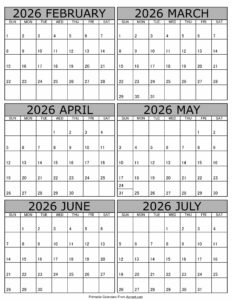 Calendar 2026 February to July
