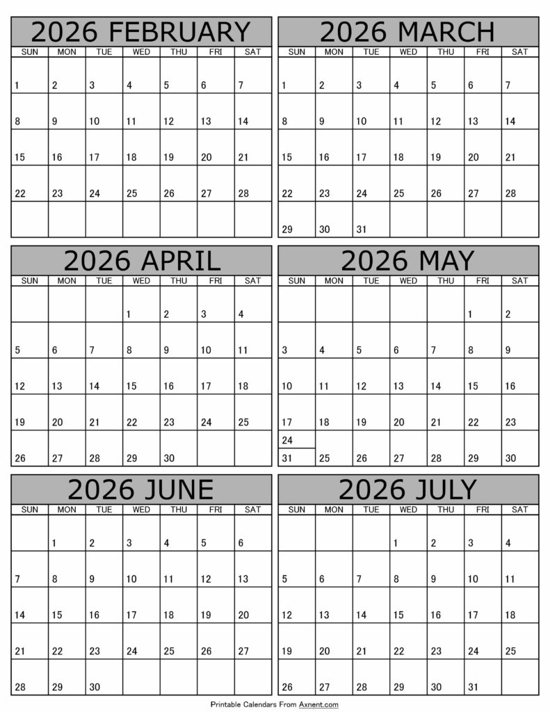 Calendar 2026 February to July