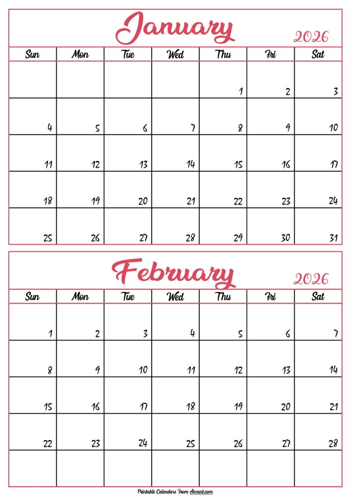Calendar 2026 January February