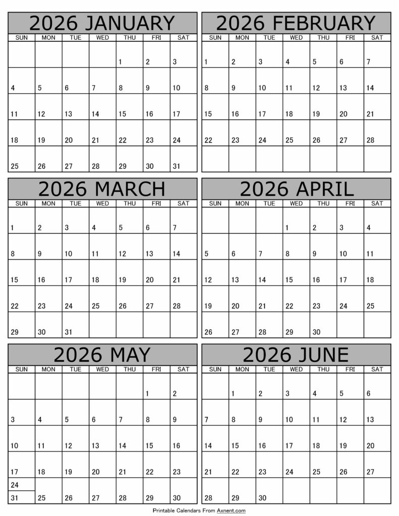 Calendar 2026 January to June