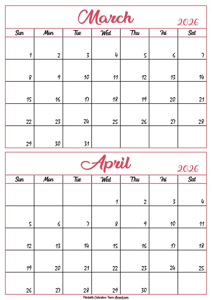 Calendar 2026 March April