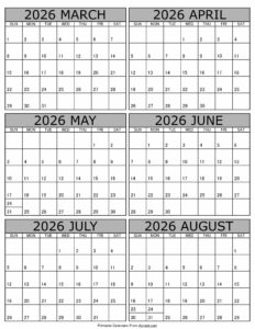 Calendar 2026 March to August