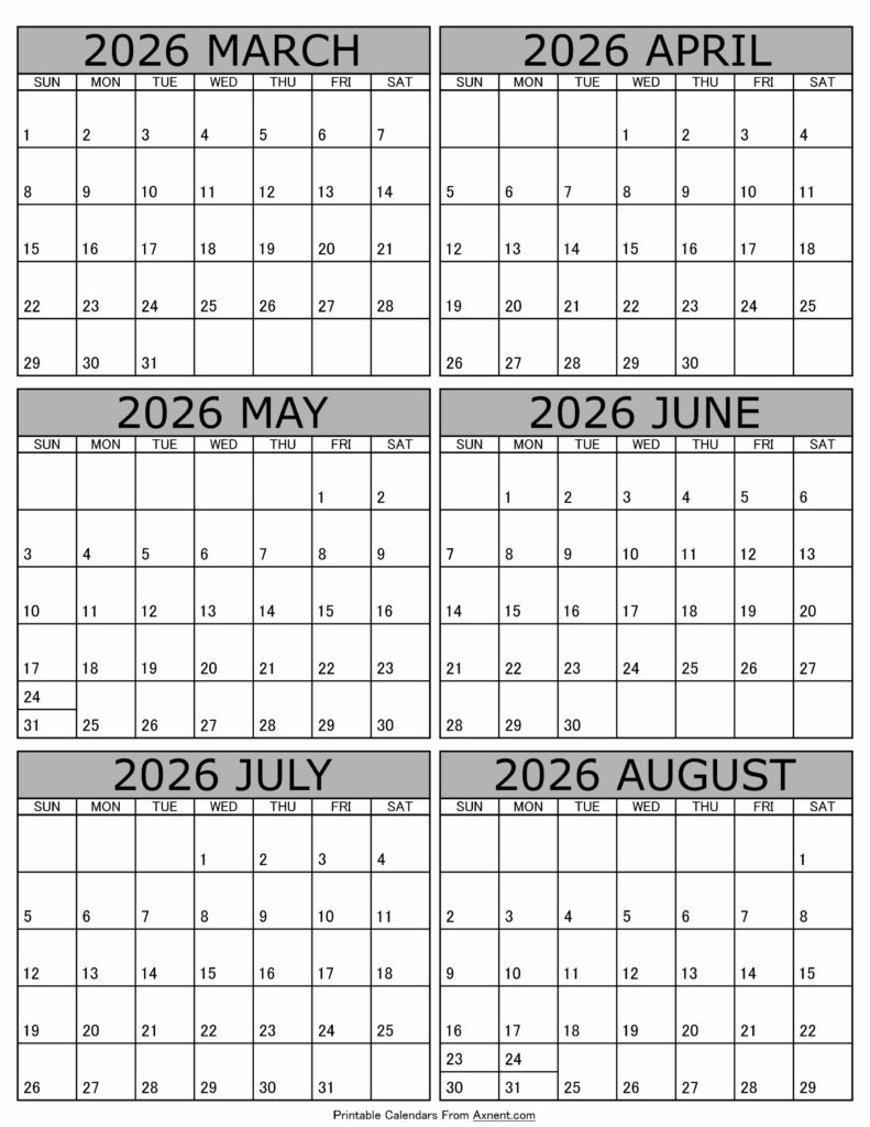 Calendar 2026 March to August